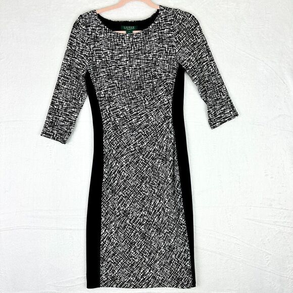 Lauren Ralph Lauren Ruched Side Colorblock Dress Size 4 3/4 Sleeve Black White - Picture 1 of 6